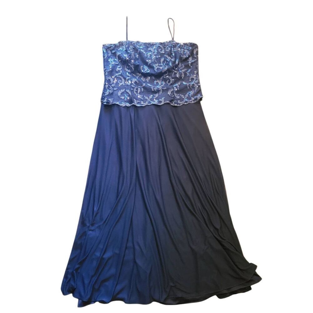 Cachet Dress Women's 20 Navy Blue Formal Midi Sequin Spaghetti Strap Chiffon